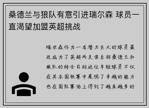 桑德兰与狼队有意引进瑞尔森 球员一直渴望加盟英超挑战